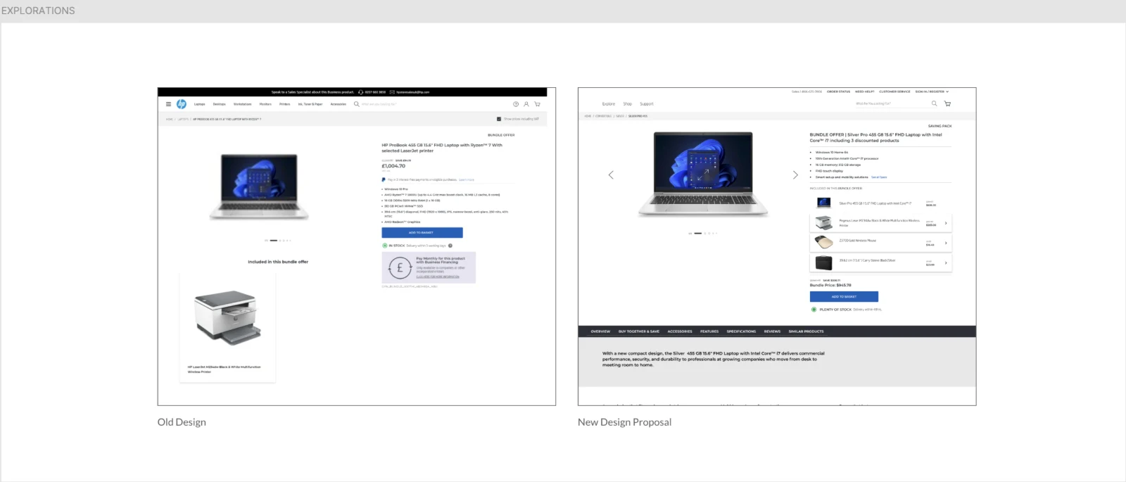 Bundle product page: the old design next to the new design proposal