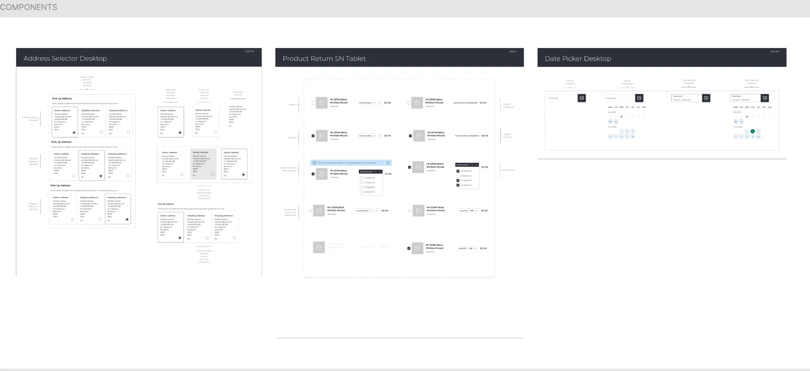 Form components per viewport: address selector on desktop, product return with serial numbers on tablet, date picker on desktop