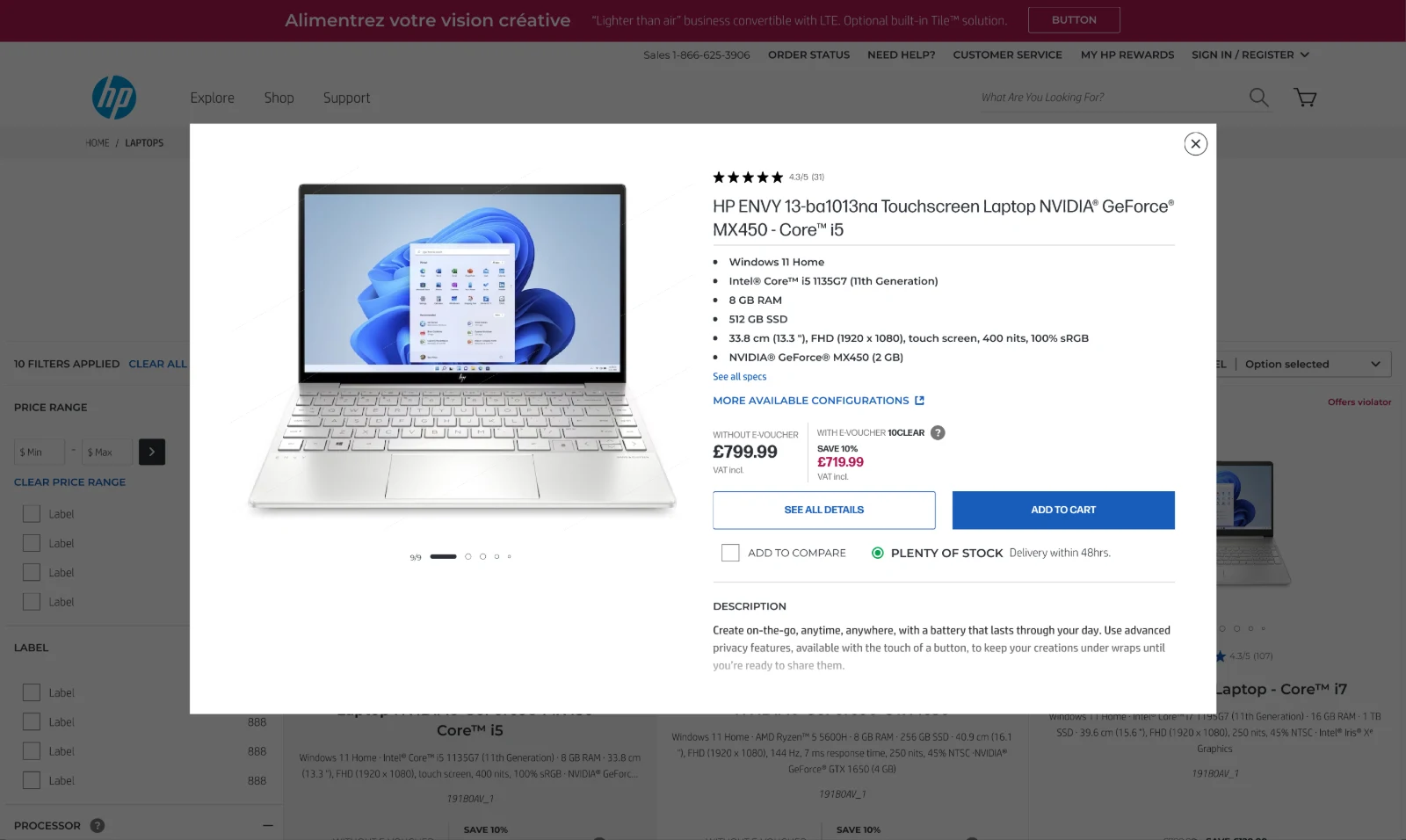 Quick view final UI opened over the product listing