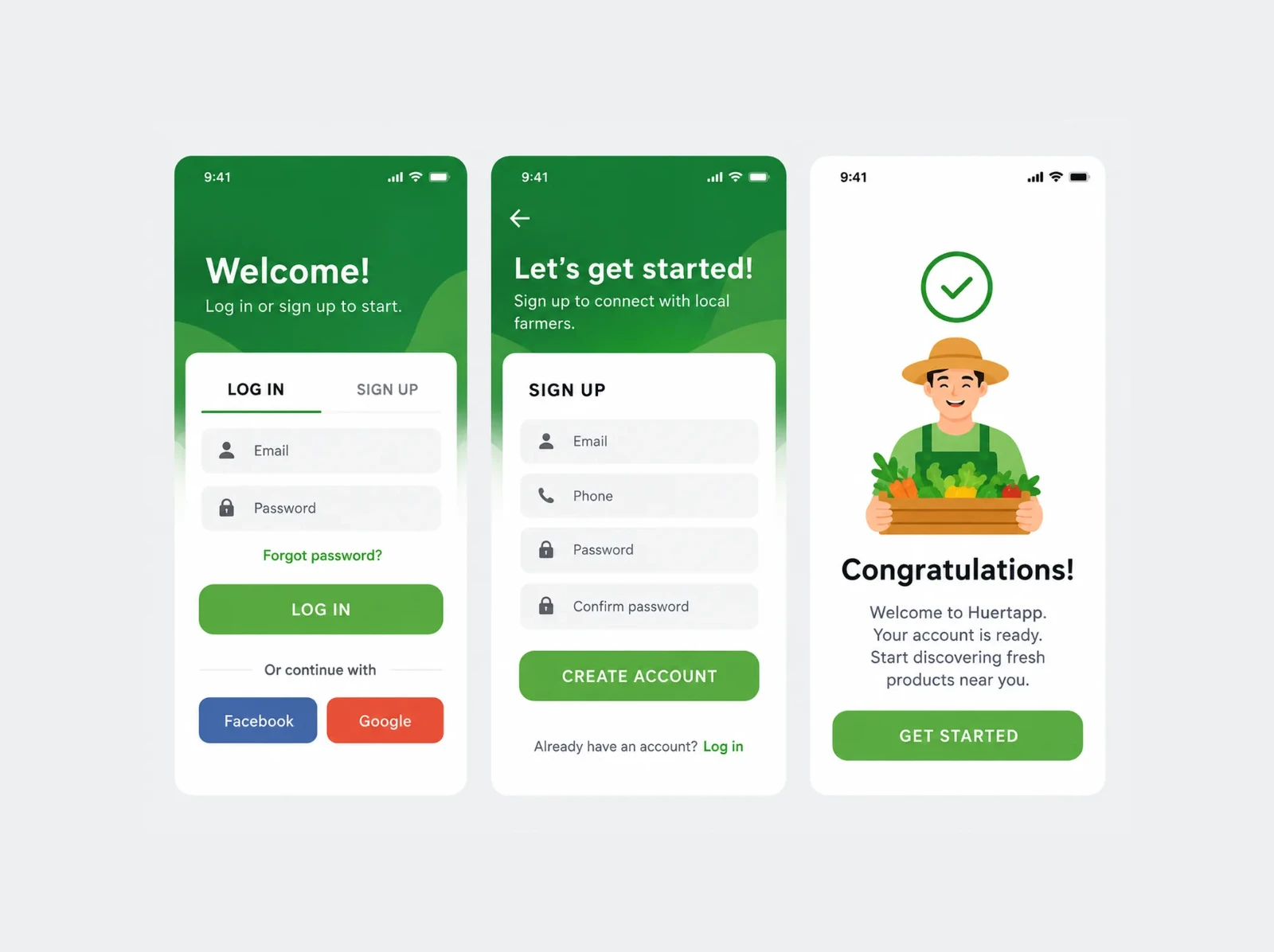 Three high-fidelity screens: log in, sign up and account confirmation