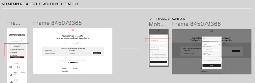 Wireframes for account creation after a guest purchase: modal in context or redirect to the account page