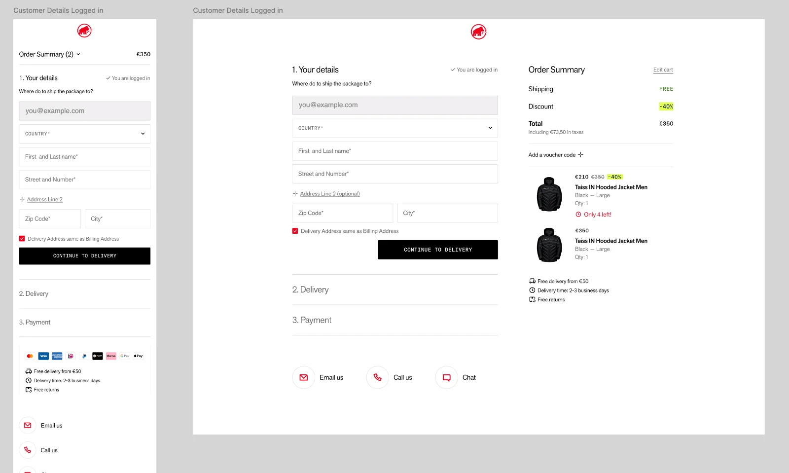 Final customer details step, logged in, on mobile and desktop