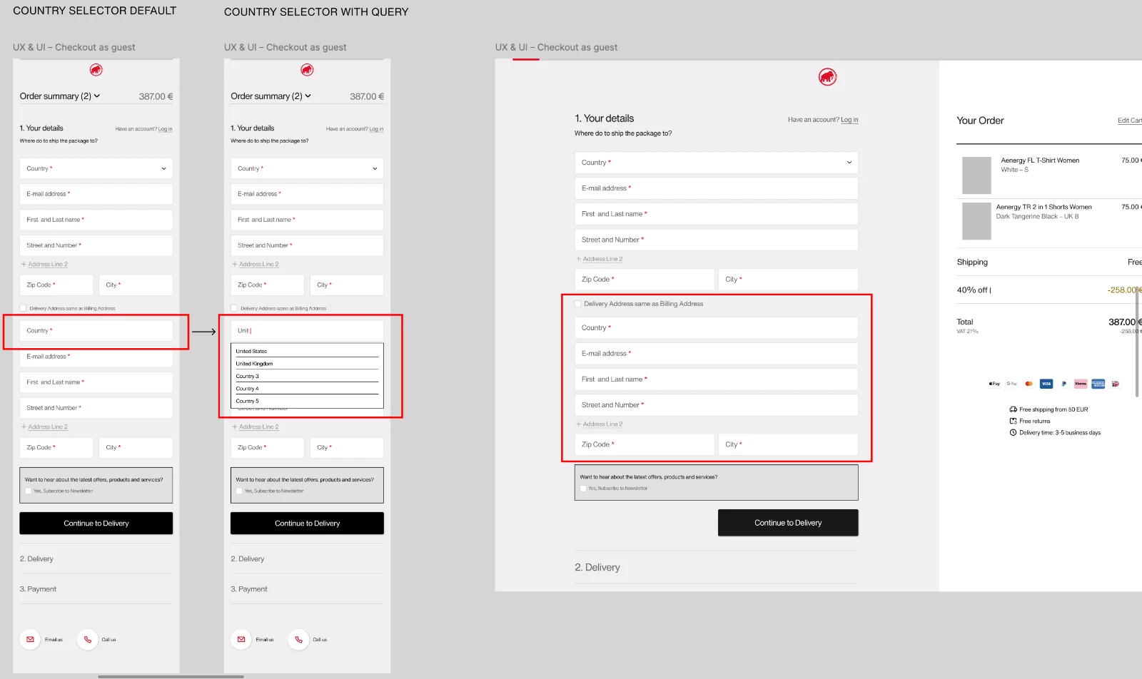 Searchable country selector on mobile and the expanded billing address on desktop