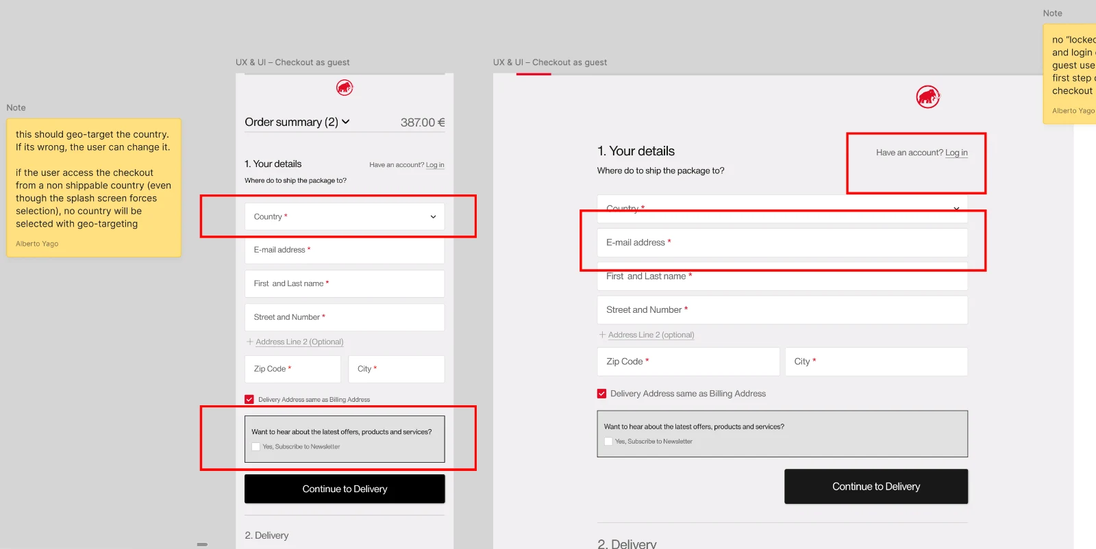 Customer details step on mobile and desktop: country first, then only the required fields
