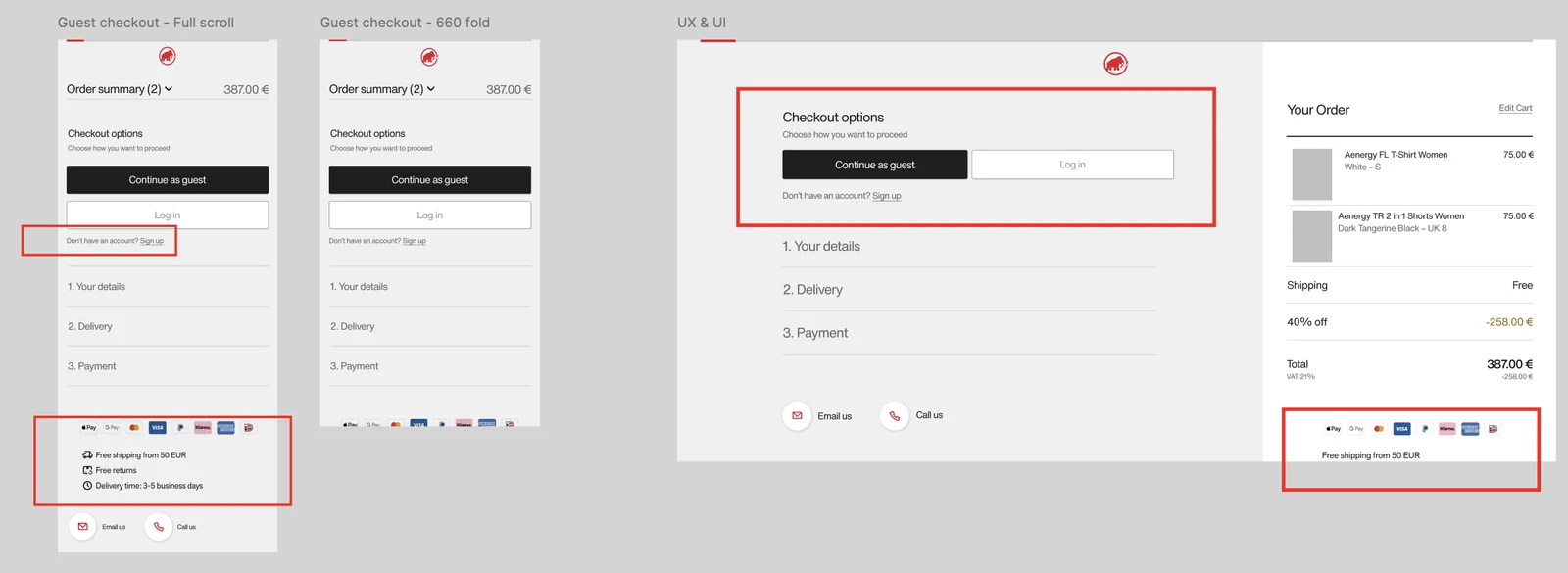 Checkout options wireframes: guest, log in or sign up, mobile and desktop