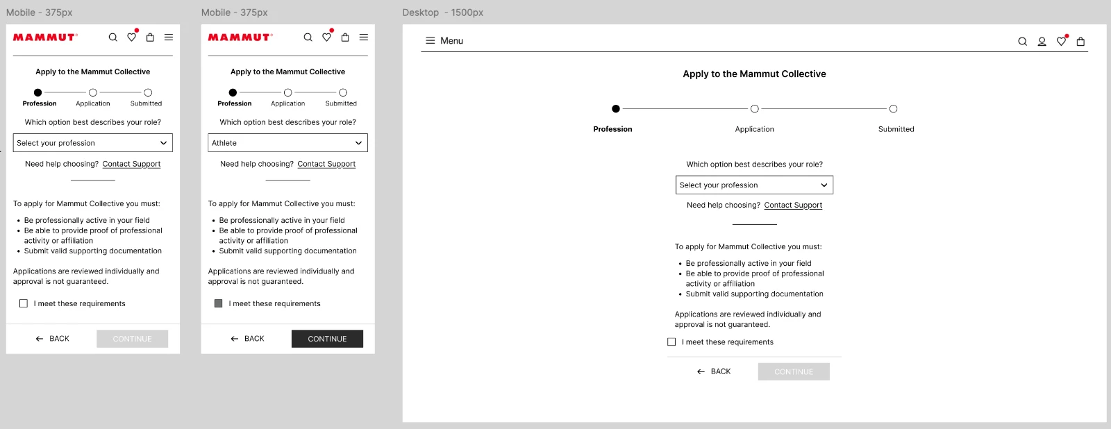 First application step on mobile and desktop, with the requirements shown before applying