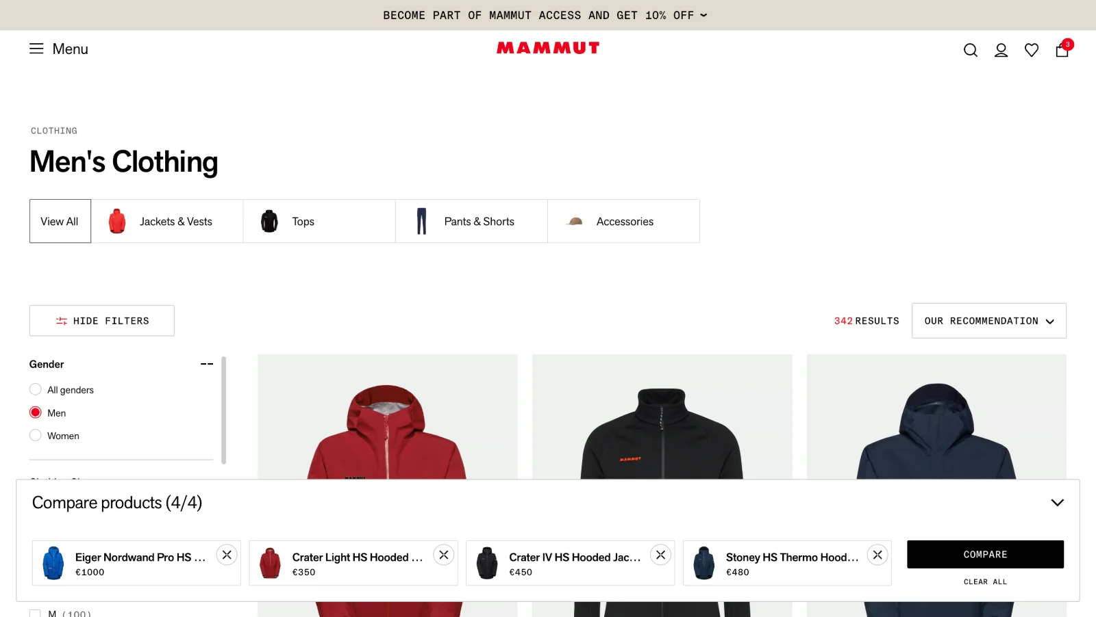 Live listing page with the compare bar open at the bottom, four jackets selected