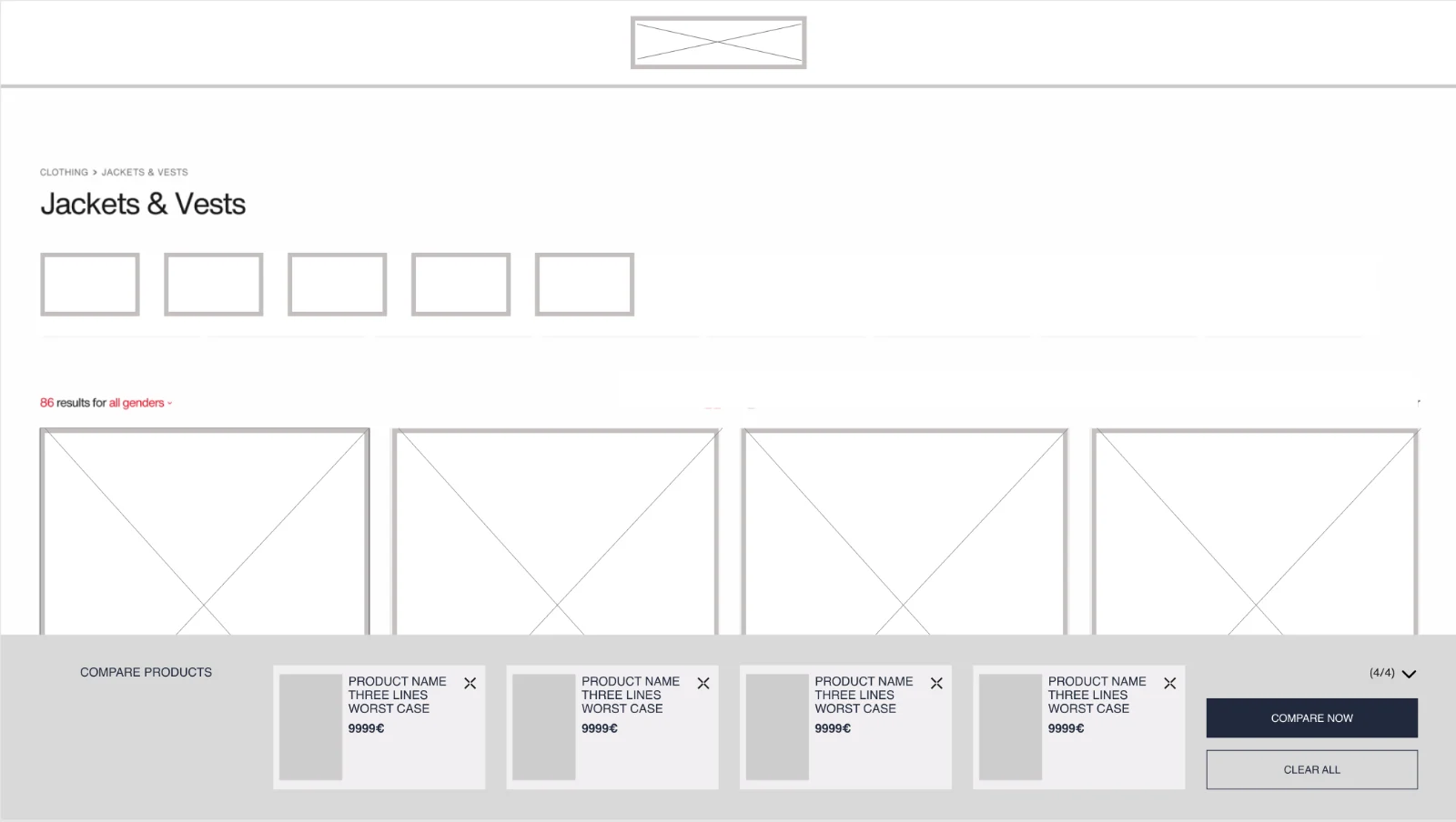 Low-fidelity wireframe of the listing page with the compare bar open at the bottom, four products selected