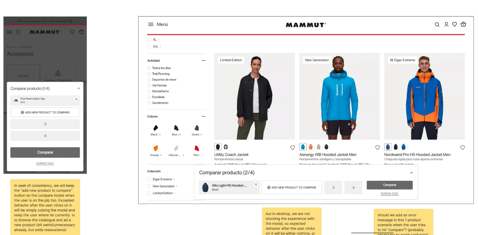 Wireframes of the compare bar on the listing page, mobile and desktop, with notes