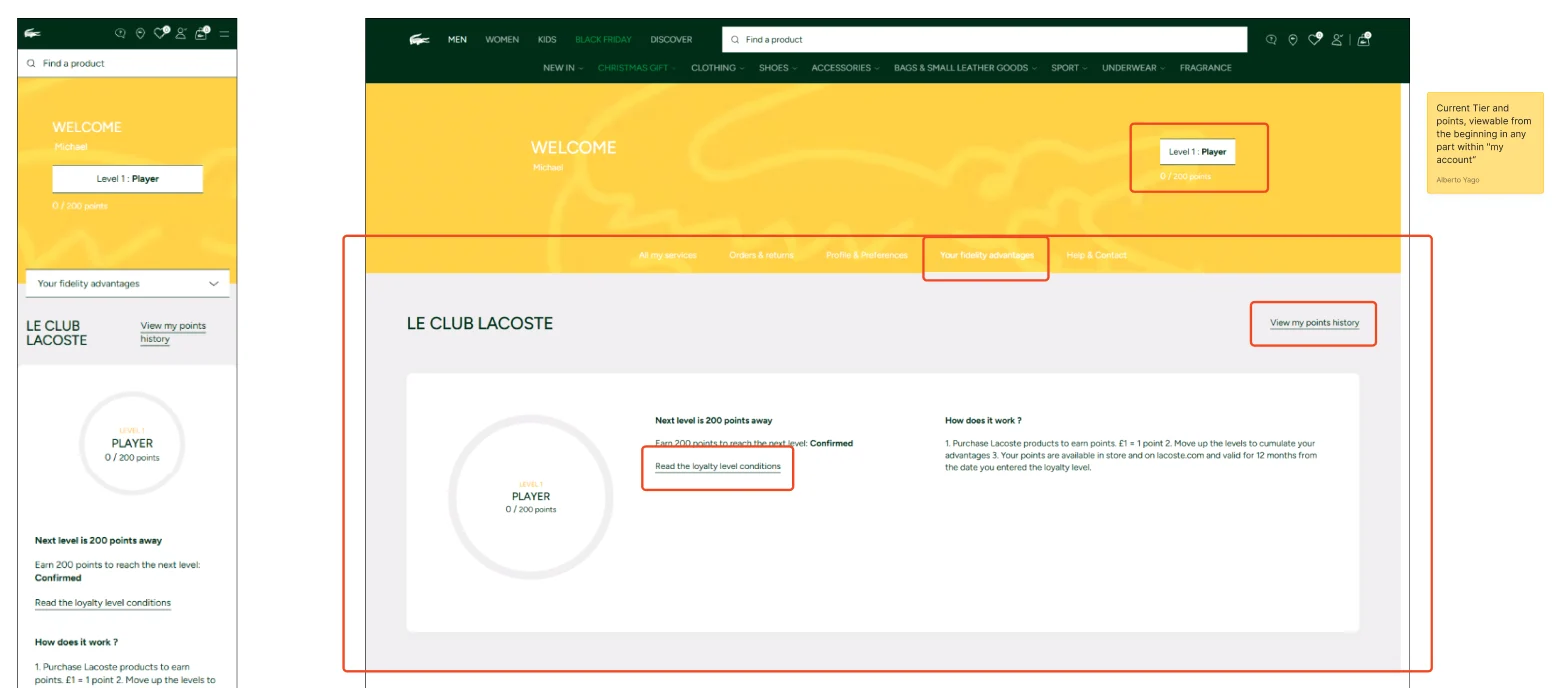 Annotated reference: how Lacoste shows tier and points inside the account